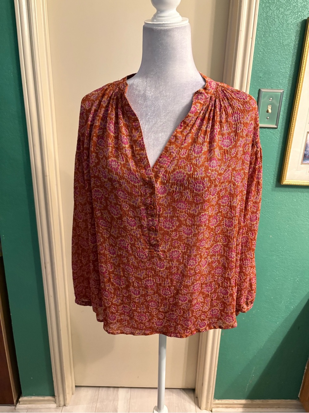 Vanessa Bruno Burgundy Floral Split-Neck Boho Blouse
